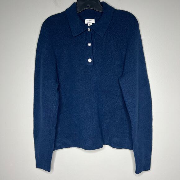 J.Crew Women's XL Extra Soft Rhinestone Button Long Sleeve Polo Sweater Navy Top - Picture 2 of 9